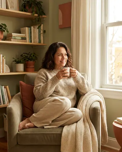 A woman curled up in a warm armchair at home with a cup of tea