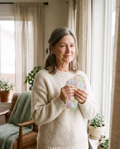A woman in her fifties in warm morning light at home