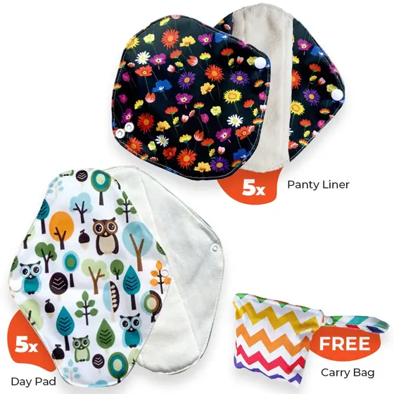 Topsy Daisy Liners and Maxi Pads Set in soft bamboo terry, a full starter bundle
