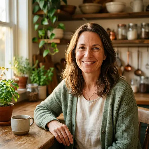 Sue, founder of Topsy Daisy, at home