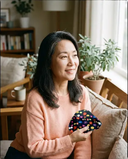 A woman in her fifties smiling at home, holding a Topsy Daisy reusable cloth liner